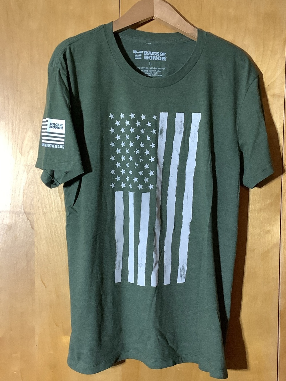 Rags of Honor olive green flag tee, size large